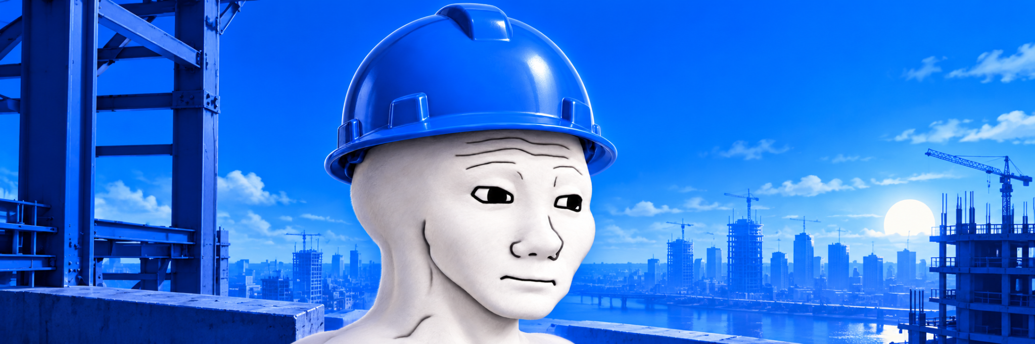 basejak on a blue construction site overlooking a city